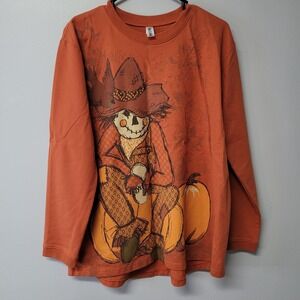 Mac n Belle Women XL Orange Scarecrow Pumpkin Long Sleeve Halloween Heavy Shirt